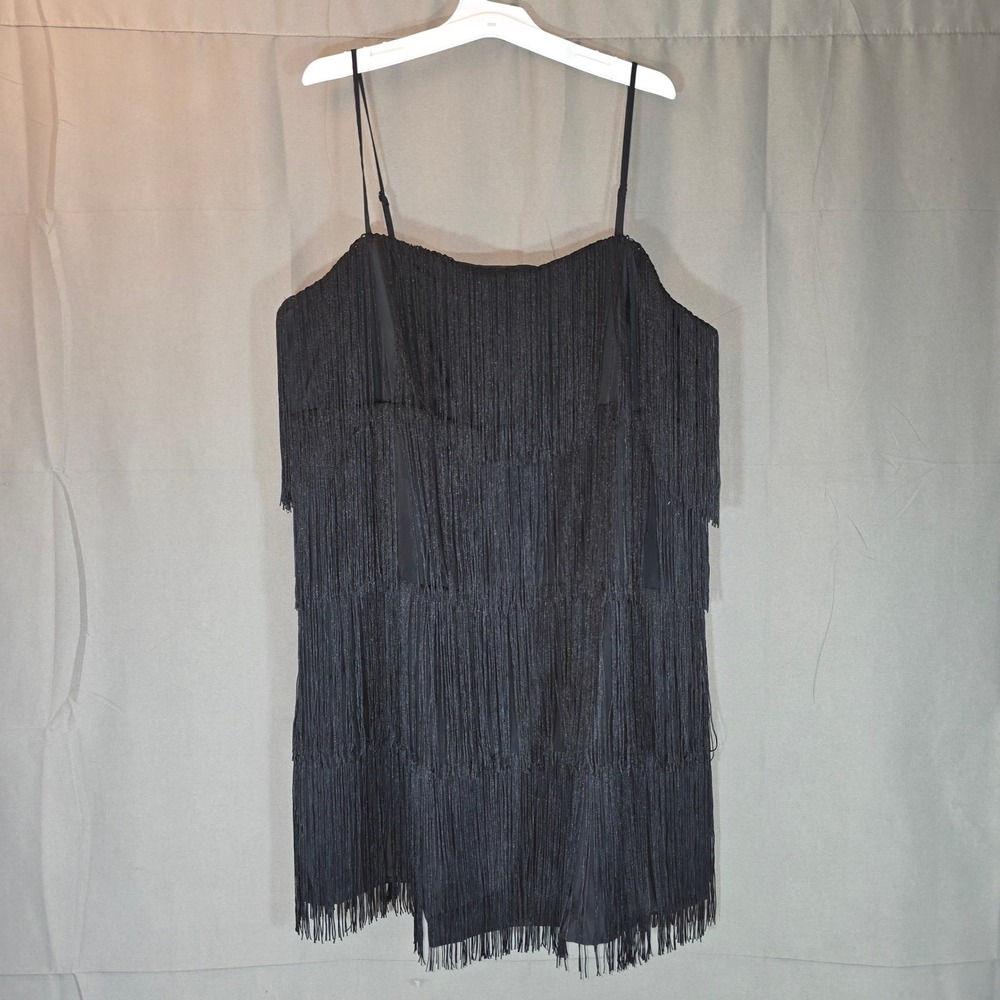 Black Tiered Fringe Mini Dress Sleeveless Adjustable Straps Flapper Style Party
